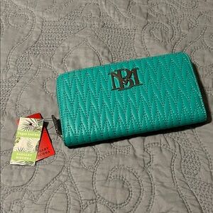 Badgley Mischka Turquoise Vegan Leather Braid Quilting Long Zipper Wallet